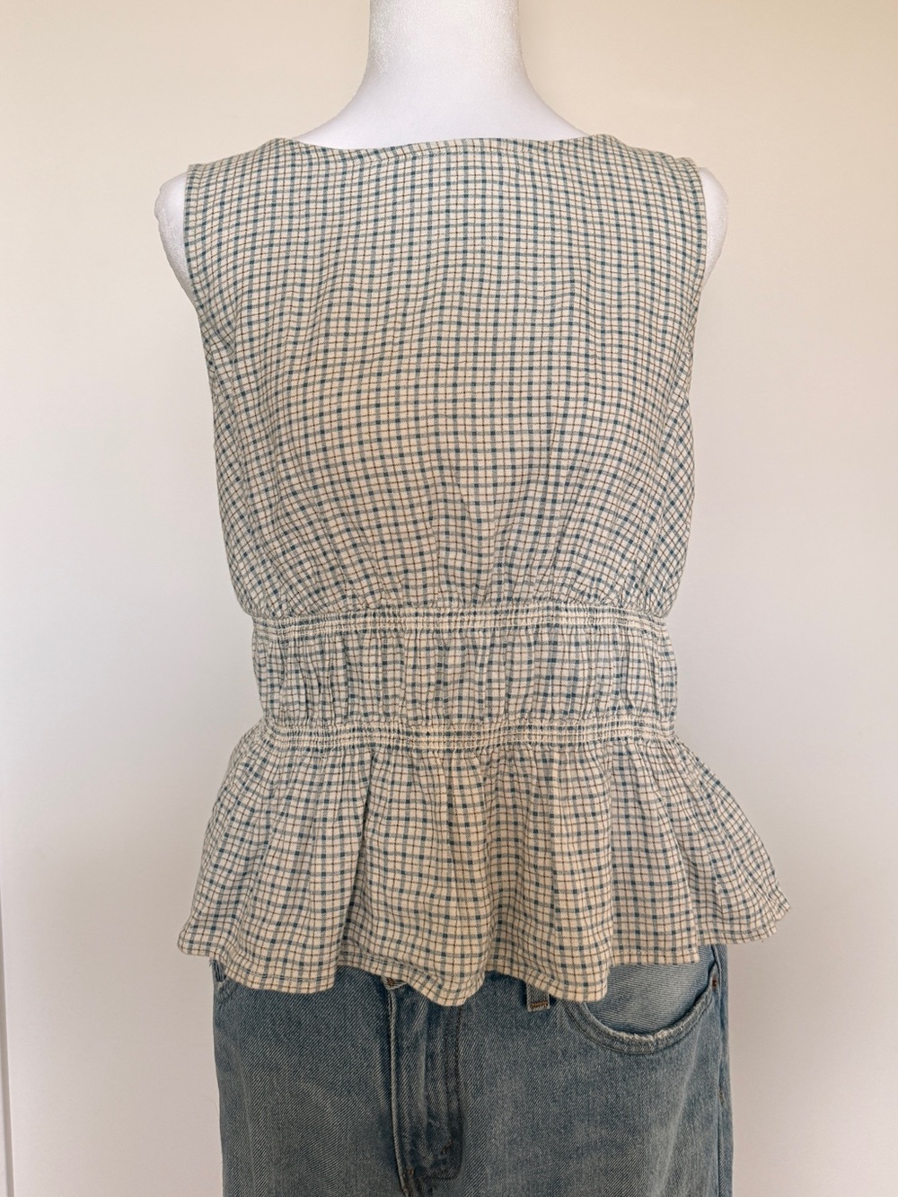 NWOT Sleeveless Smocked Peplum Top - Cream & Blue Plaid
